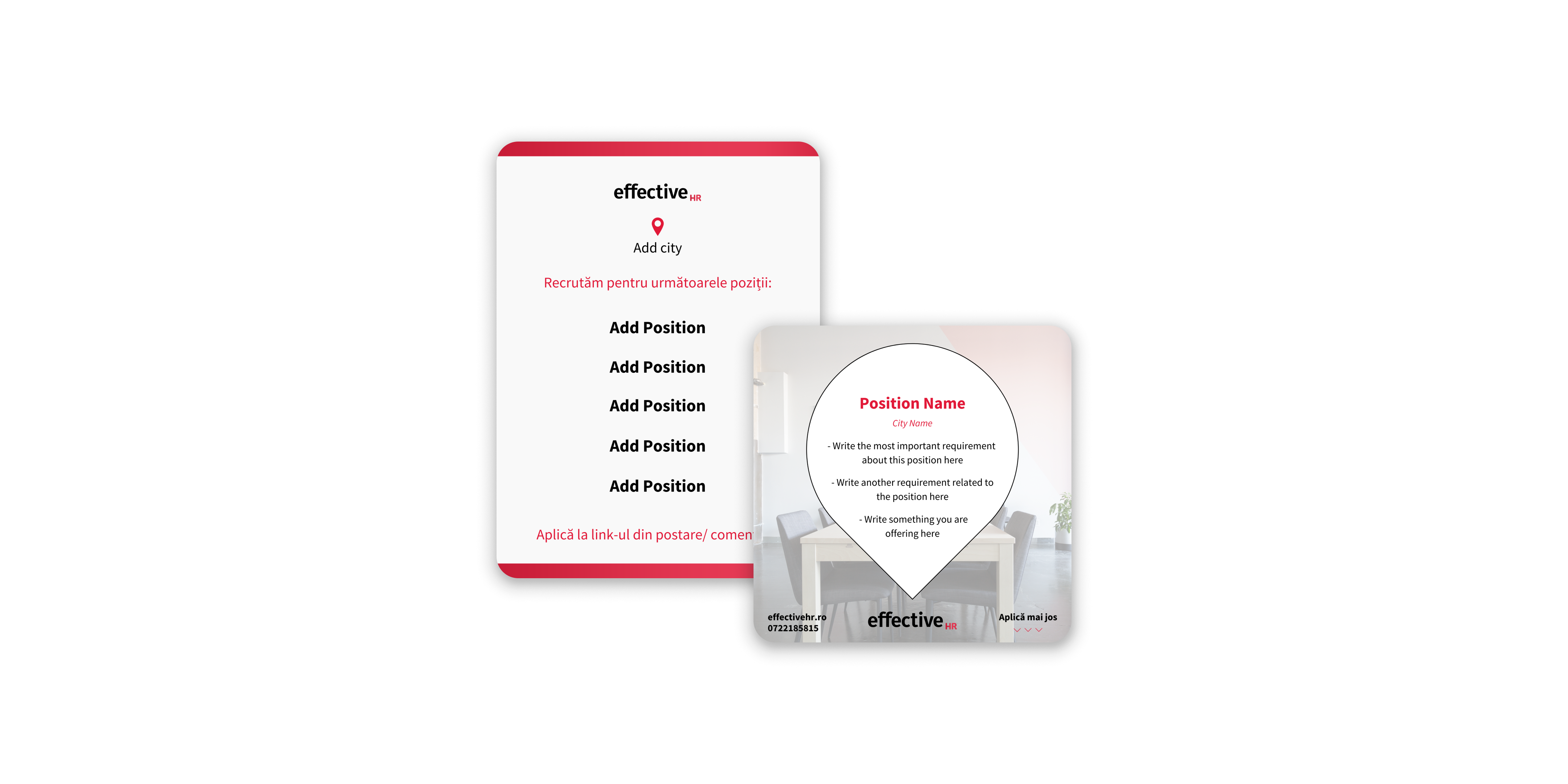 Two image templates for job postings, using Effective HR branding and colors.